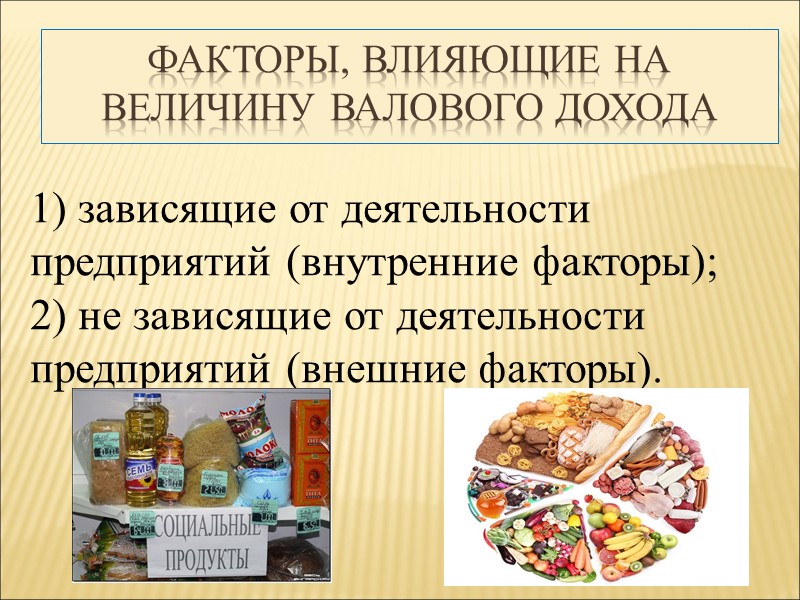 Факторы, влияющие на величину валового дохода 1) зависящие от деятельности предприятий (внутренние факторы); 2)